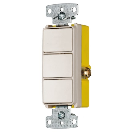 HUBBELL WIRING DEVICE-KELLEMS Switches and Lighting Controls, Combination Devices, Residential Grade, Decorator Series, 3) Three Way Rockers, 15A 120V AC, Side Wired, Light Almond RCD111LA